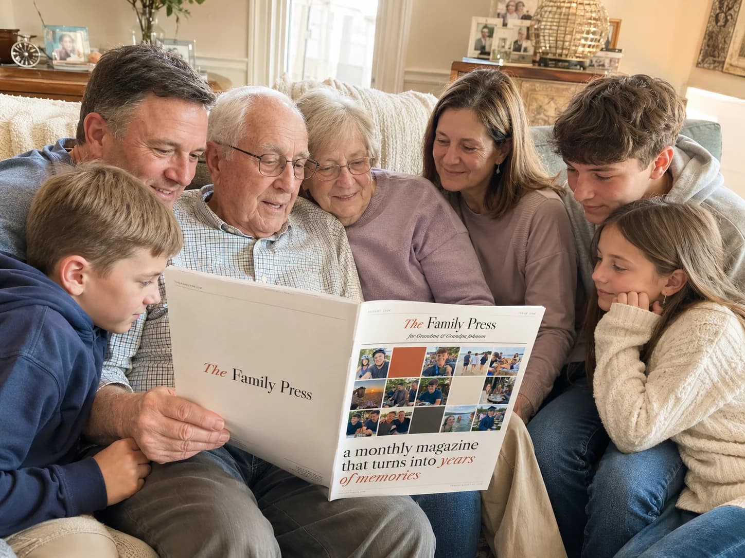 A family reading The Family Press together with Grandma and Grandpa