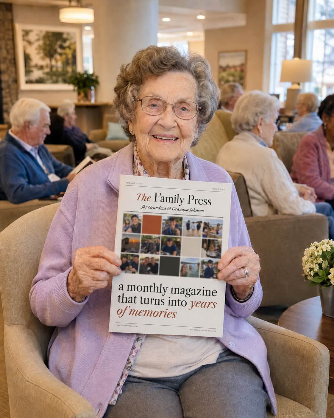 Grandma holding her printed Family Press magazine